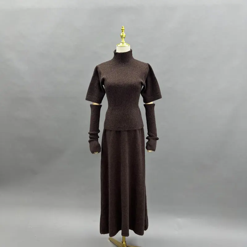 Women's Knit Top and Sleeves with Long Skirt Knit Set Knit Innerwear Three-Piece Set 16