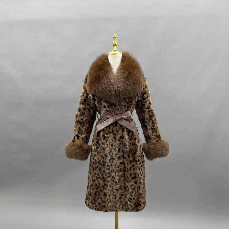 Fox Fur Collar Women's Mink-trimmed Belted Fashionable Coat Fur Jacket  (19)