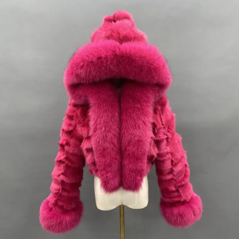 Fox Fur Coat for Women Luxurious Fox Fur Placket Hooded Zippered Jacket (83)