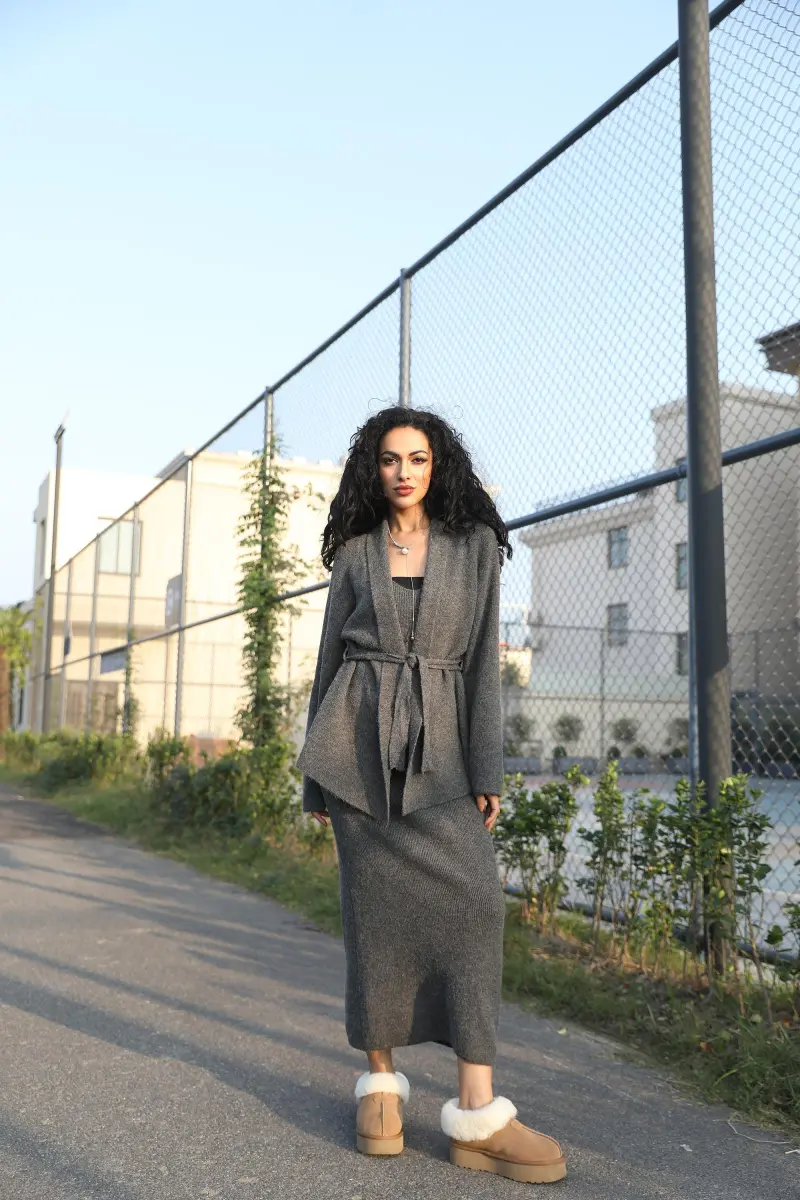 Women's Casual Versatile Spring:Autumn Belted Cardigan Long Skirt Innerwear Set3