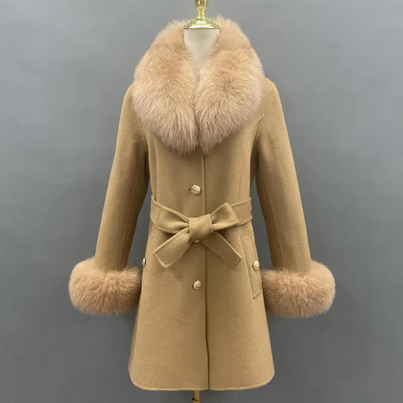 Double-Faced Fleece Coat for Women Elegant Notched Lapel Belted Double-Faced Wool Outer Jacket (47)