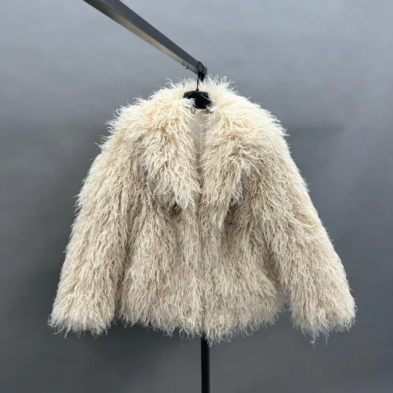 Faux Mongolian Lamb Wool Coat Eco Friendly Mongolian Lamb Wool Women's Elegant Notched Collar Short Coat Jacket (11)