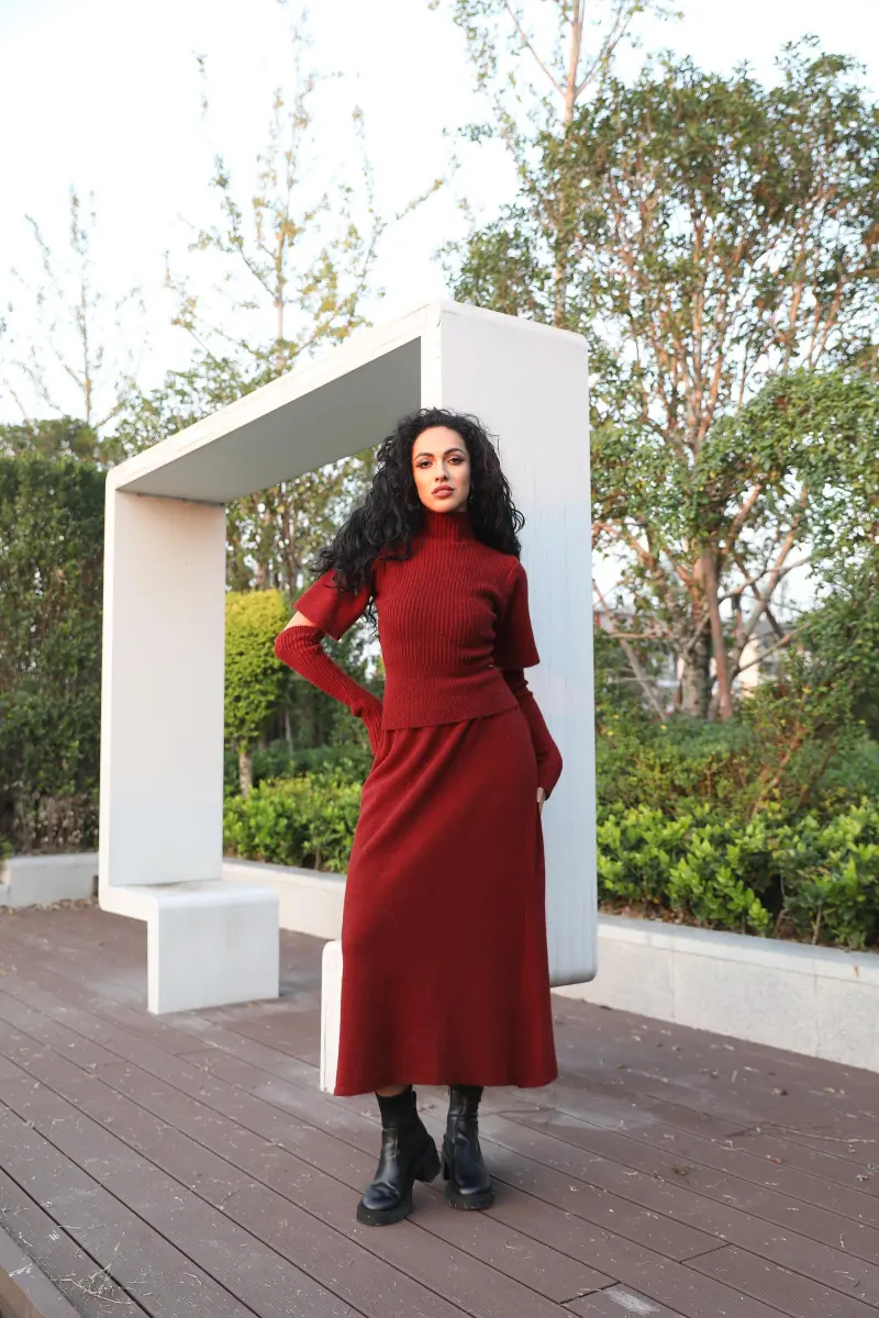 Women's Knit Top and Sleeves with Long Skirt Knit Set Knit Innerwear Three-Piece Set 4