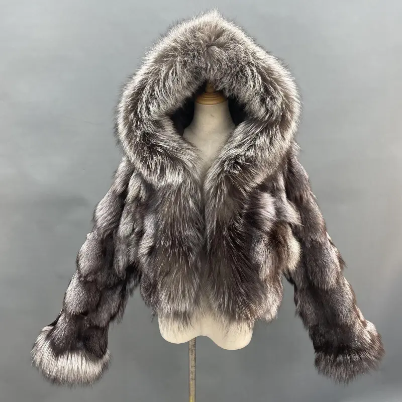Fox Fur Coat for Women Luxurious Fox Fur Placket Hooded Zippered Jacket  (65)