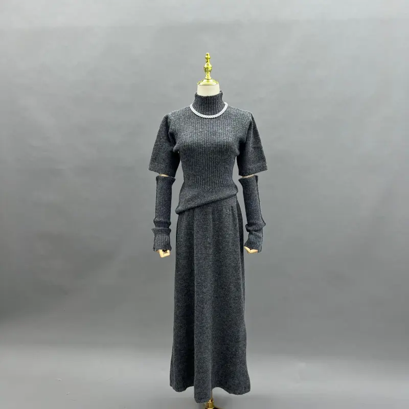 Women's Knit Top and Sleeves with Long Skirt Knit Set Knit Innerwear Three-Piece Set 2