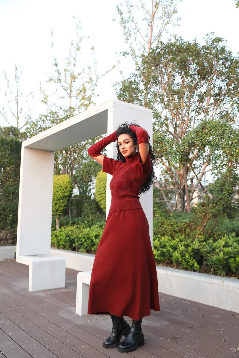 Women's Knit Top and Sleeves with Long Skirt Knit Set Knit Innerwear Three-Piece Set 13