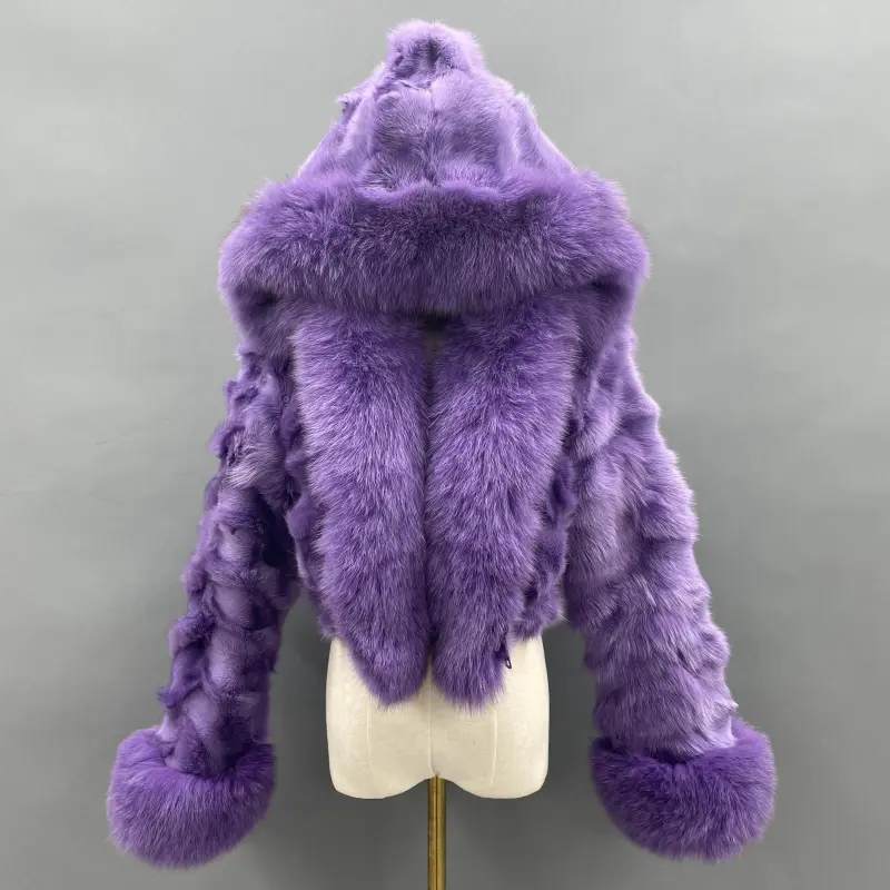 Fox Fur Coat for Women Luxurious Fox Fur Placket Hooded Zippered Jacket (71)