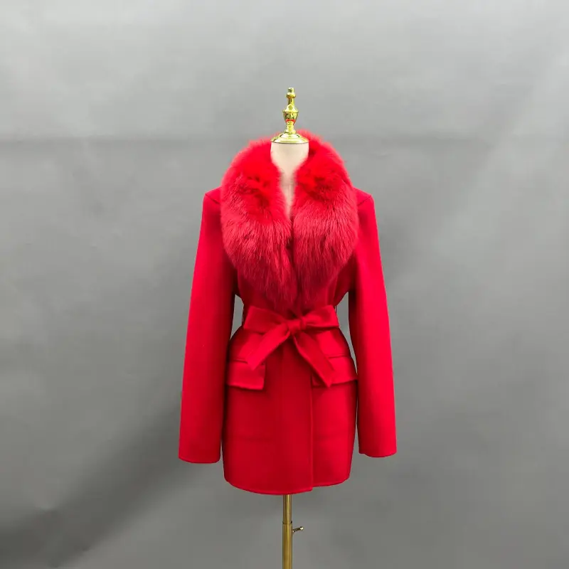 Fox Fur Collar Double-Faced Cashmere Coat for Women with Charming Notched Lapel Waist-Cinching Double-Faced Wool Jacket (33)