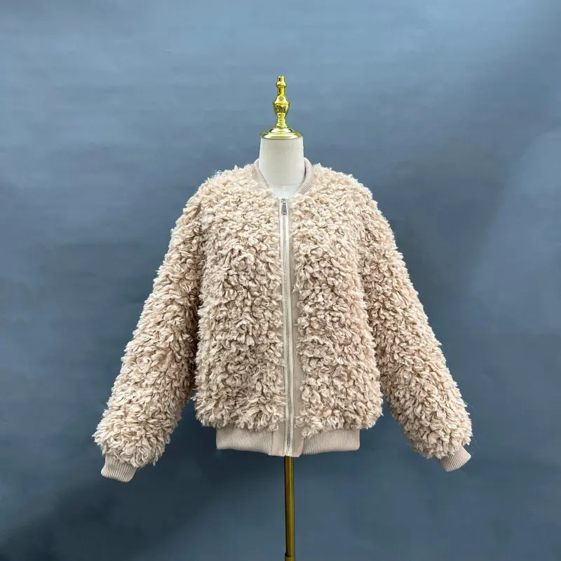 Eco Friendly Wool Baseball Jacket Women's Faux Fur Casual Daily Short Jacket (7)