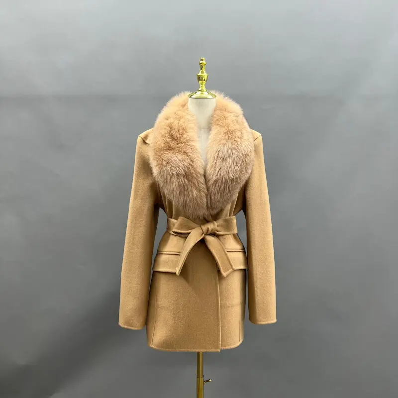Fox Fur Collar Double-Faced Cashmere Coat for Women with Charming Notched Lapel Waist-Cinching Double-Faced Wool Jacket (23)