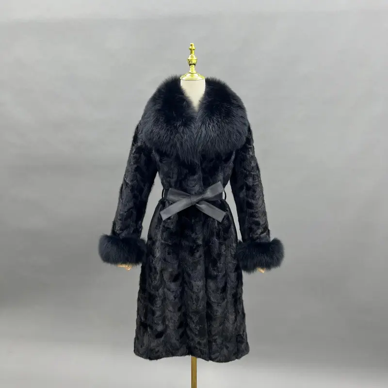 Fox Fur Collar Women's Mink-trimmed Belted Fashionable Coat Fur Jacket  (28)