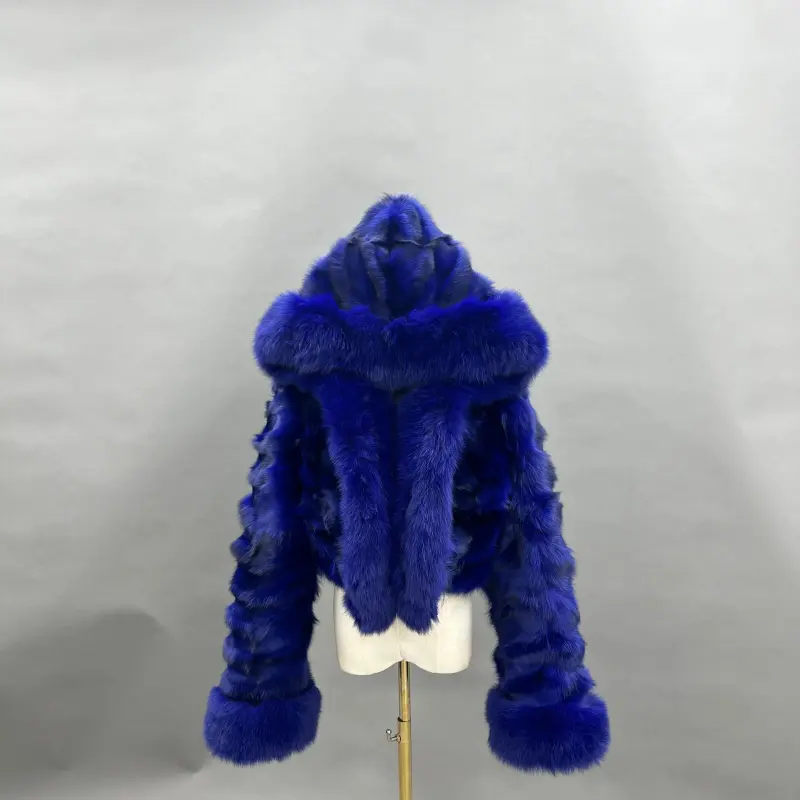 Fox Fur Coat for Women Luxurious Fox Fur Placket Hooded Zippered Jacket (100)