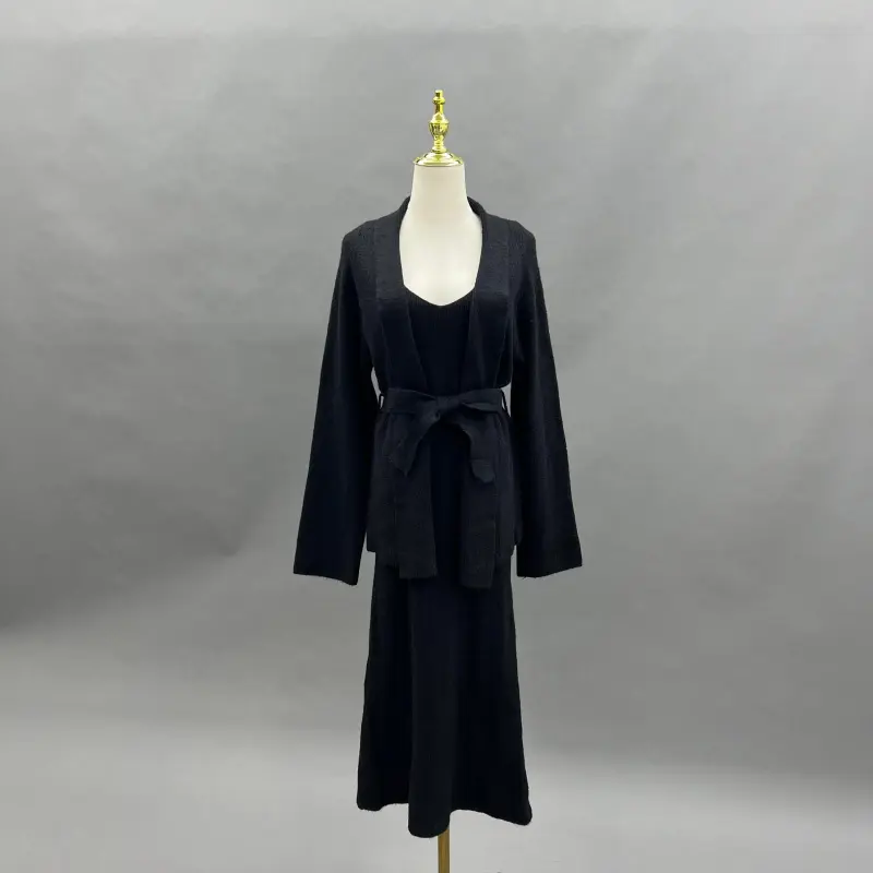 Women's Casual Versatile Spring:Autumn Belted Cardigan Long Skirt Innerwear Set22