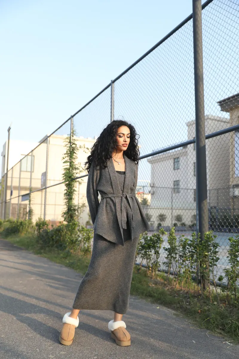 Women's Casual Versatile Spring:Autumn Belted Cardigan Long Skirt Innerwear Set5