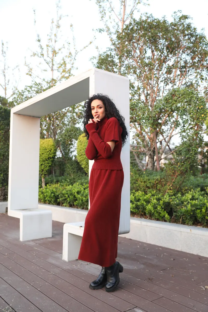 Women's Knit Top and Sleeves with Long Skirt Knit Set Knit Innerwear Three-Piece Set 19
