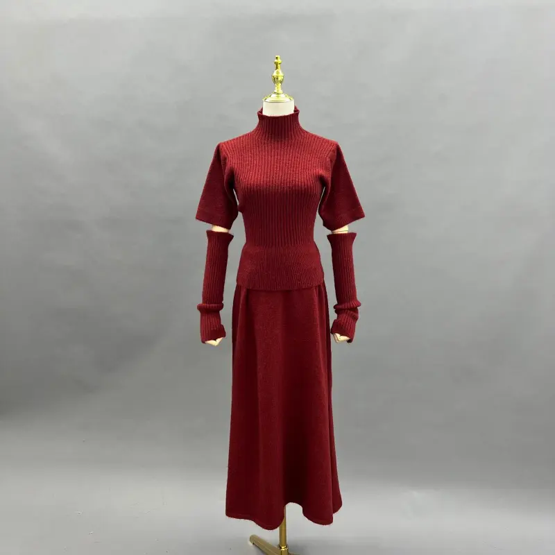 Women's Knit Top and Sleeves with Long Skirt Knit Set Knit Innerwear Three-Piece Set 22