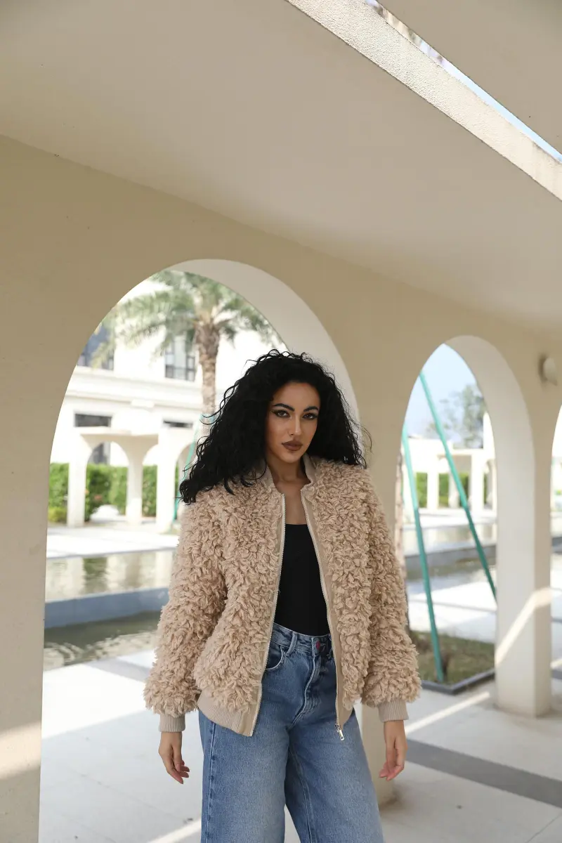 Eco Friendly Wool Baseball Jacket Women's Faux Fur Casual Daily Short Jacket (29)