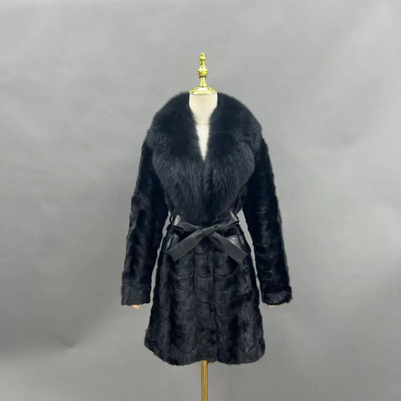 Women's Mink Fur Mid-Length Suit Lapel Tied Waist Jacket (11)