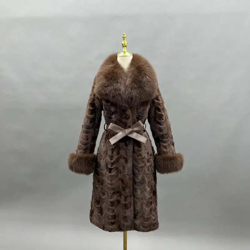 Fox Fur Collar Women's Mink-trimmed Belted Fashionable Coat Fur Jacket  (13)