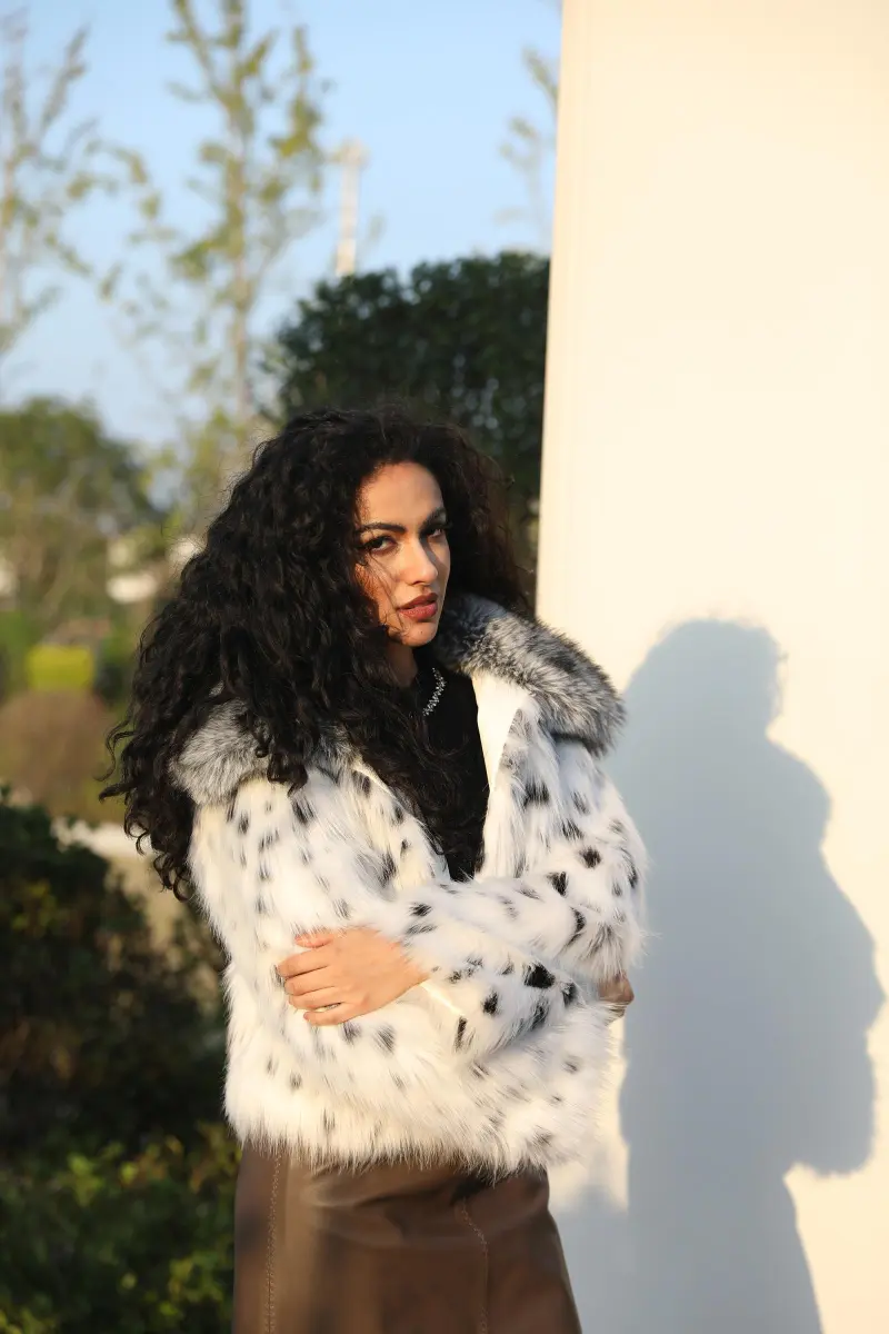 Eco Friendly Wool Coat Women's Avant Garde Notched Lapel Leopard Pattern Short Faux F ( (12)
