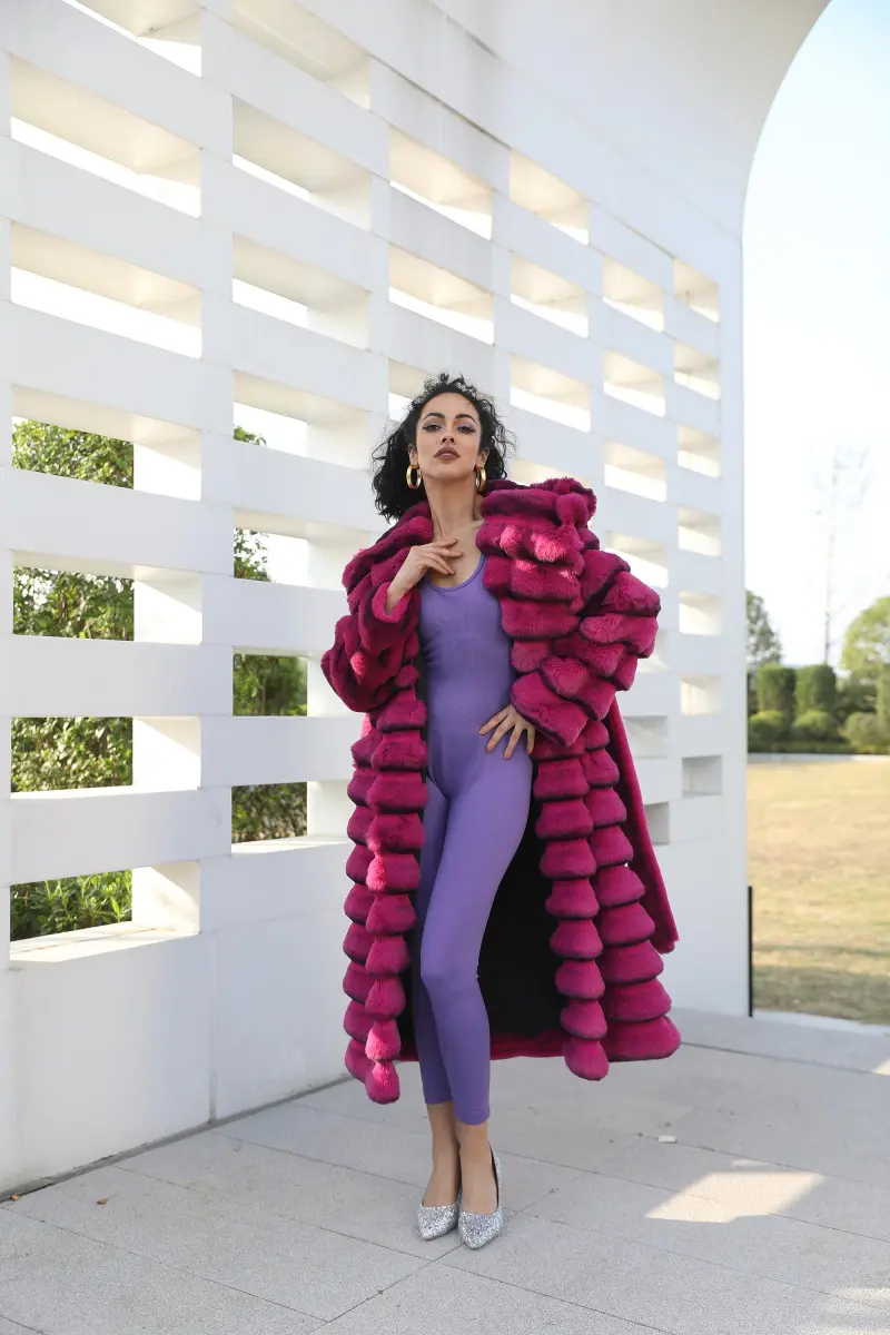 Eco Friendly Faux Fur Jacket with Hood Women's Fashionable Long Coat with Chinchilla Pattern (24)