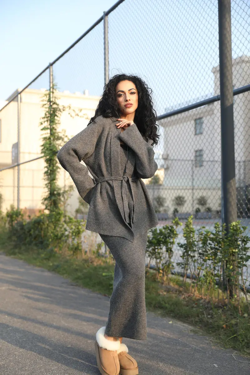 Women's Casual Versatile Spring:Autumn Belted Cardigan Long Skirt Innerwear Set9