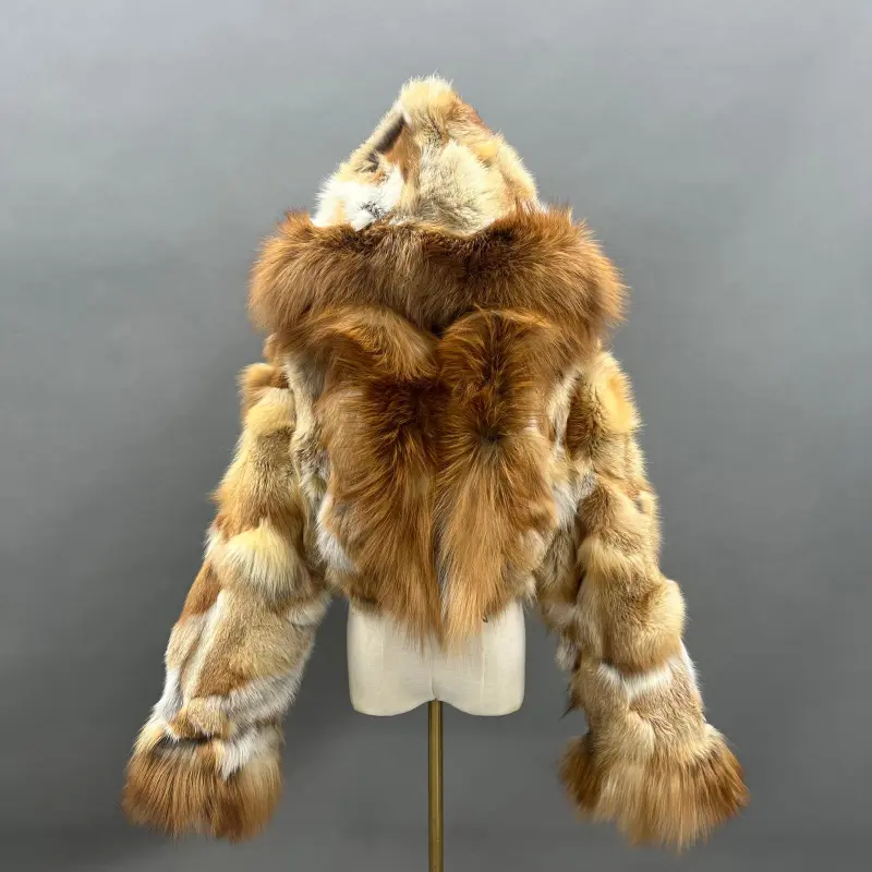 Fox Fur Coat for Women Luxurious Fox Fur Placket Hooded Zippered Jacket (21)