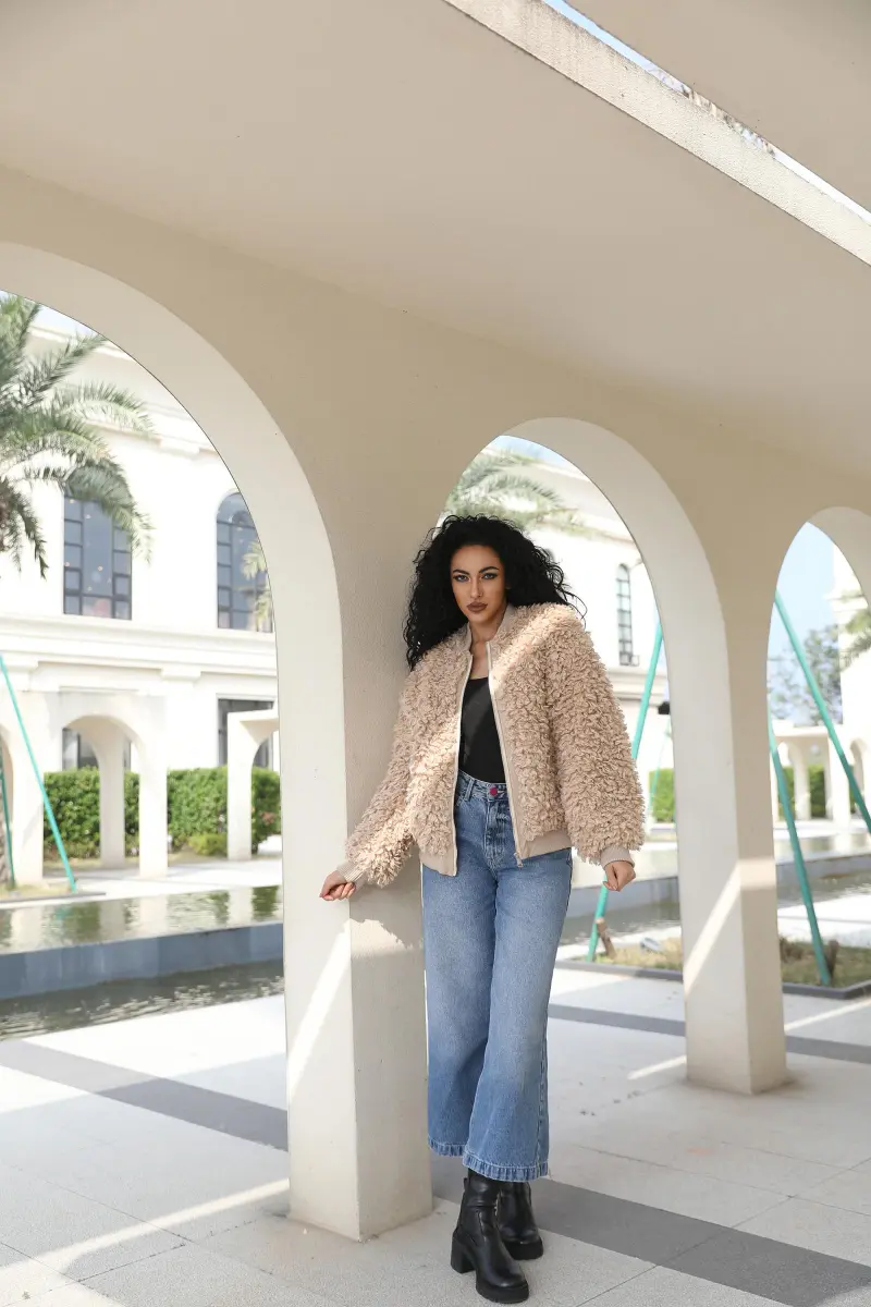 Eco Friendly Wool Baseball Jacket Women's Faux Fur Casual Daily Short Jacket