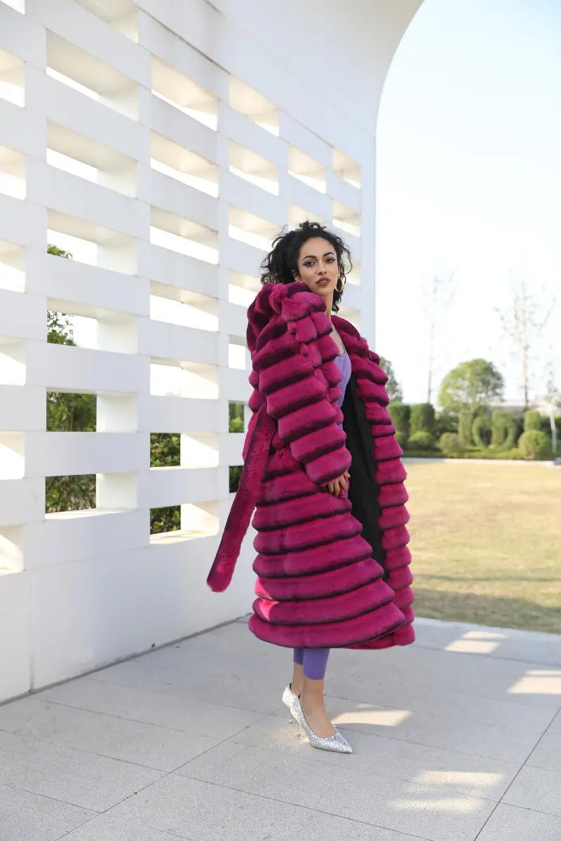 Eco Friendly Faux Fur Jacket with Hood Women's Fashionable Long Coat with Chinchilla Pattern (13)