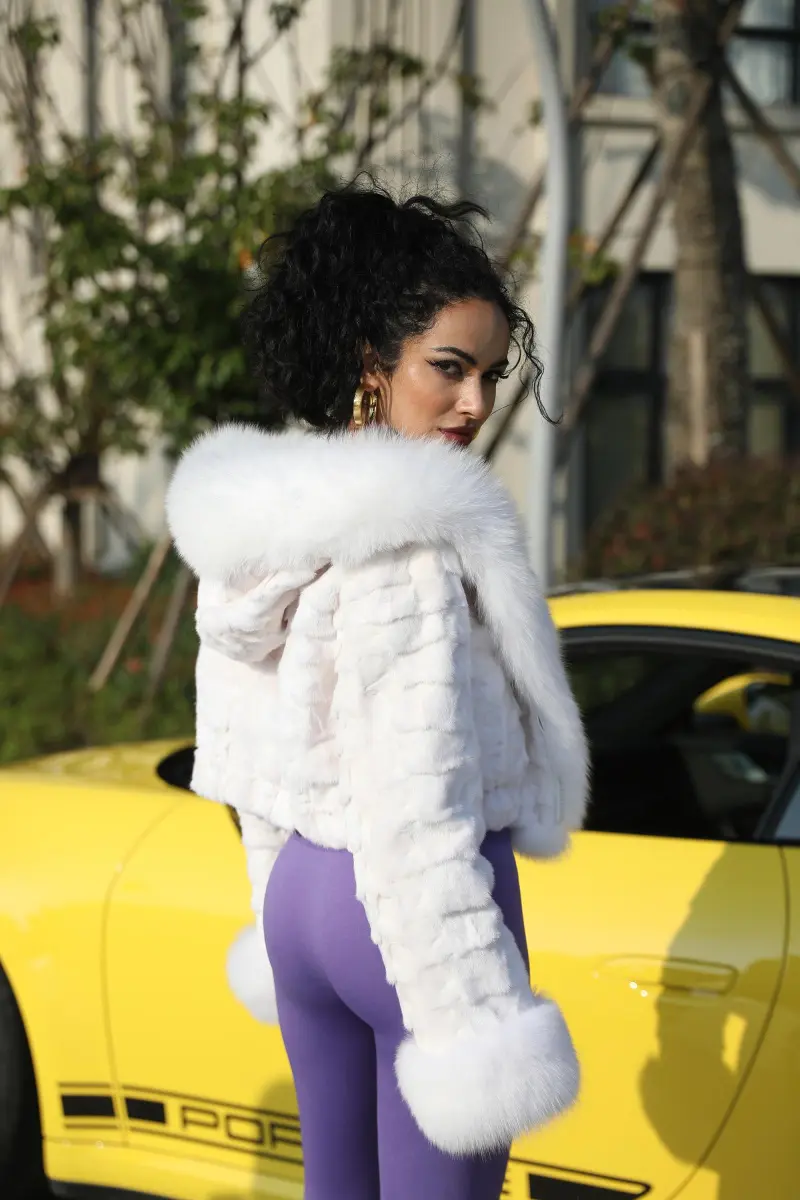 Fox Fur Coat for Women Luxurious Fox Fur Placket Hooded Zippered Jacket (59)