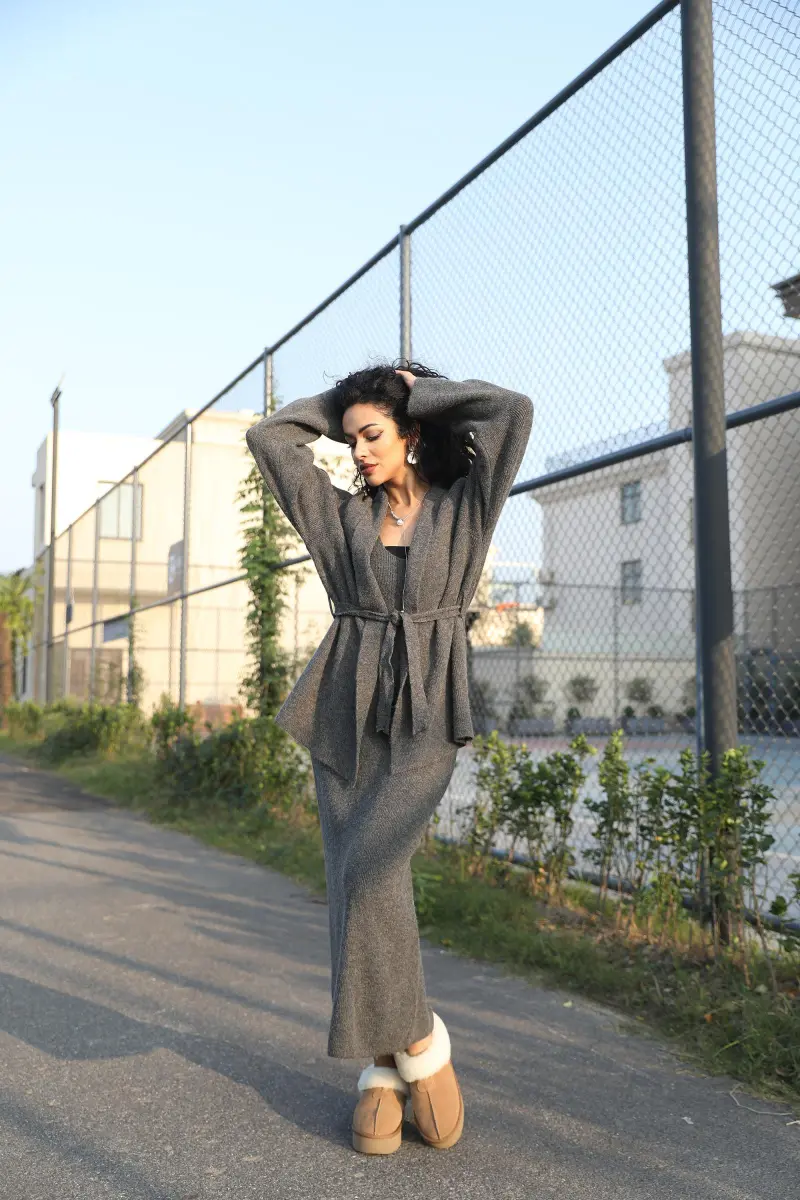 Women's Casual Versatile Spring:Autumn Belted Cardigan Long Skirt Innerwear Set17