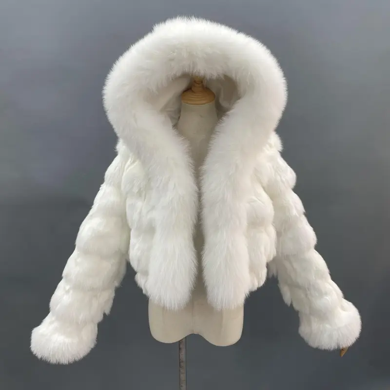 Fox Fur Coat for Women Luxurious Fox Fur Placket Hooded Zippered Jacket  (57)