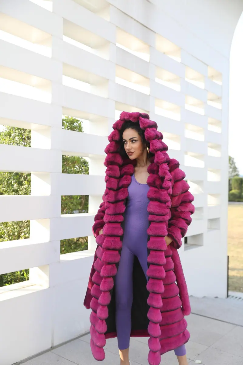 Eco Friendly Faux Fur Jacket with Hood Women's Fashionable Long Coat with Chinchilla Pattern