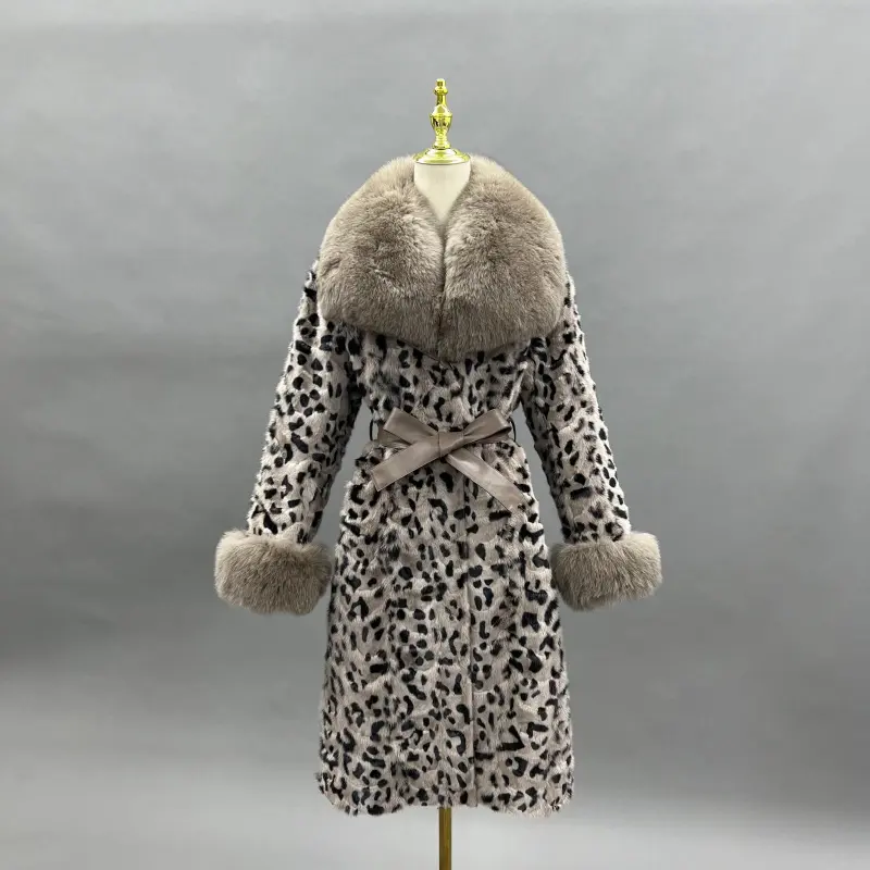 Fox Fur Collar Women's Mink-trimmed Belted Fashionable Coat Fur Jacket  (25)