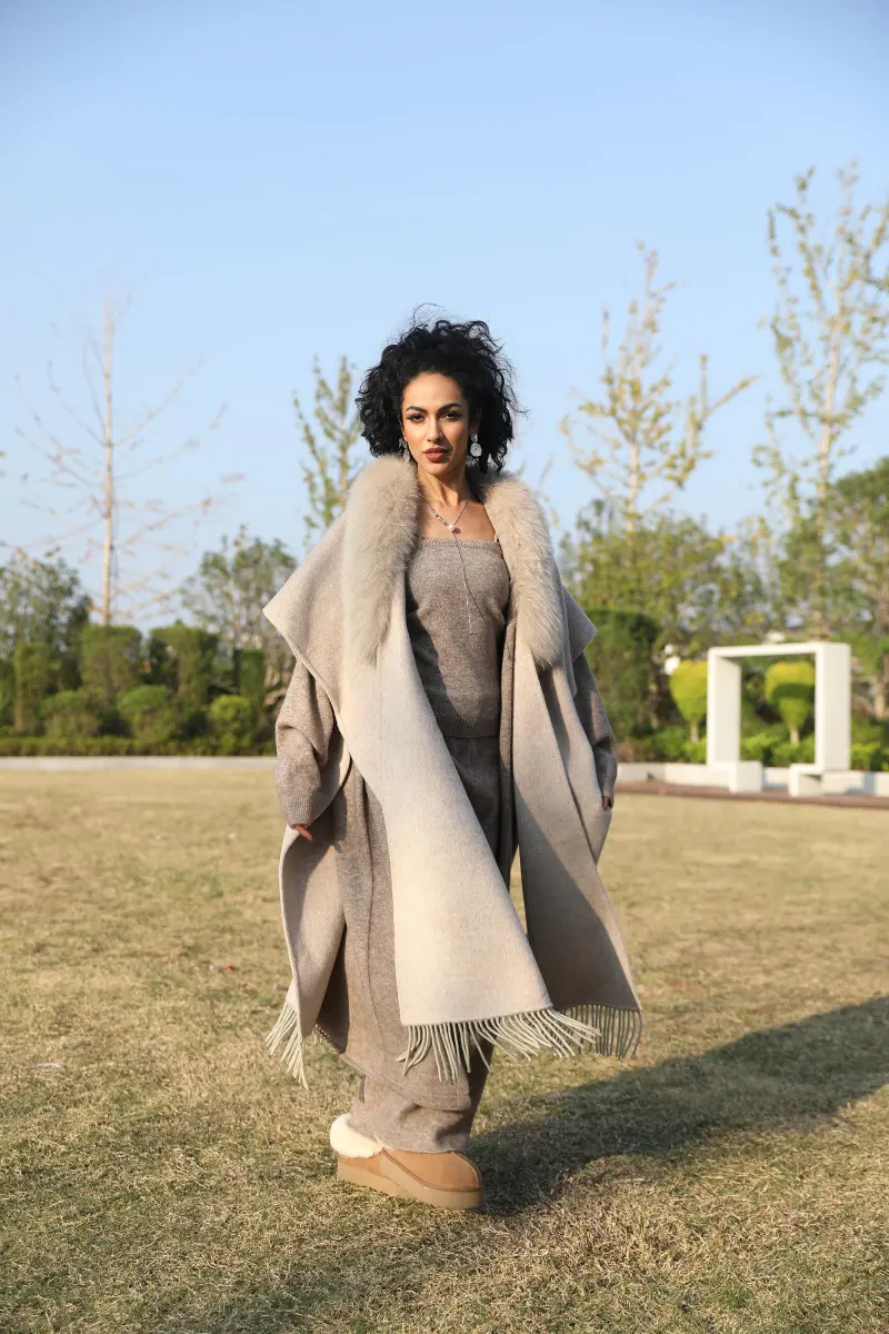 Double-Faced Cashmere Cape Coat for Women with Chic Fringe Double-Faced Wool Shawl Coat (1)