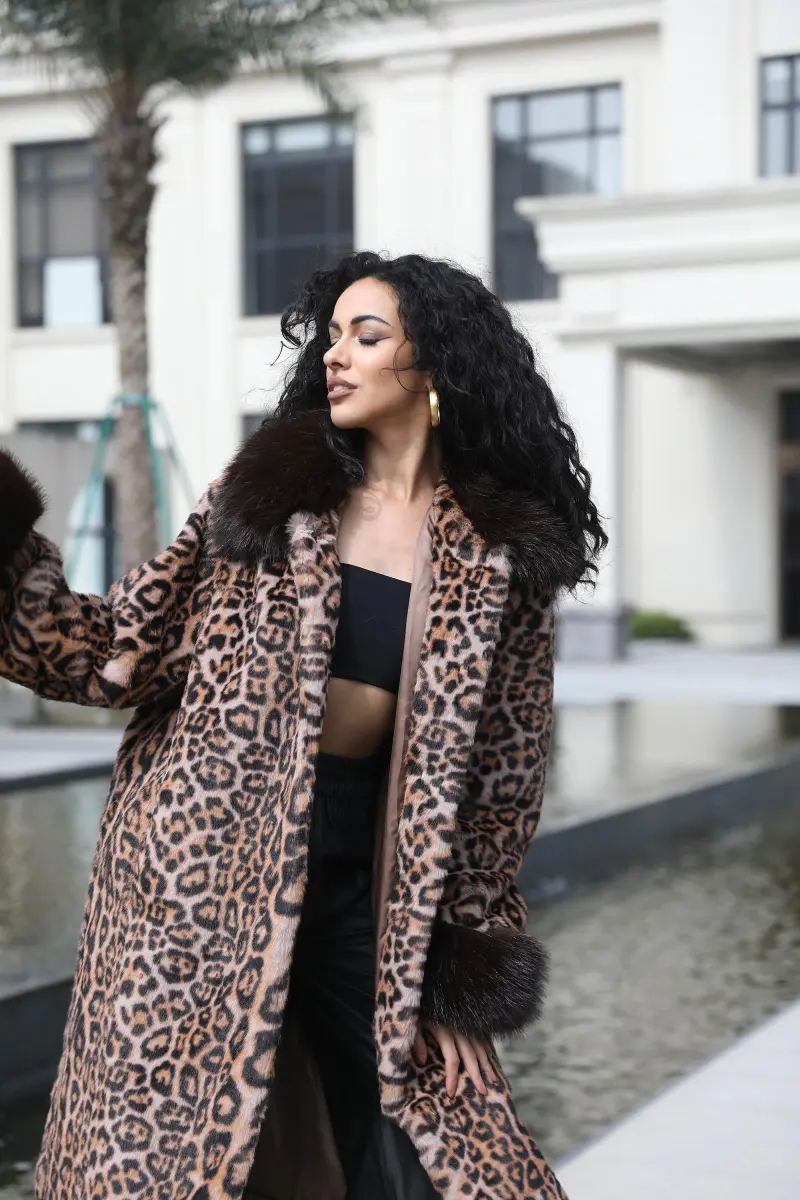 Faux Fur Coat Women's New Style Lapel Leopard Pattern Long Jacket (62)