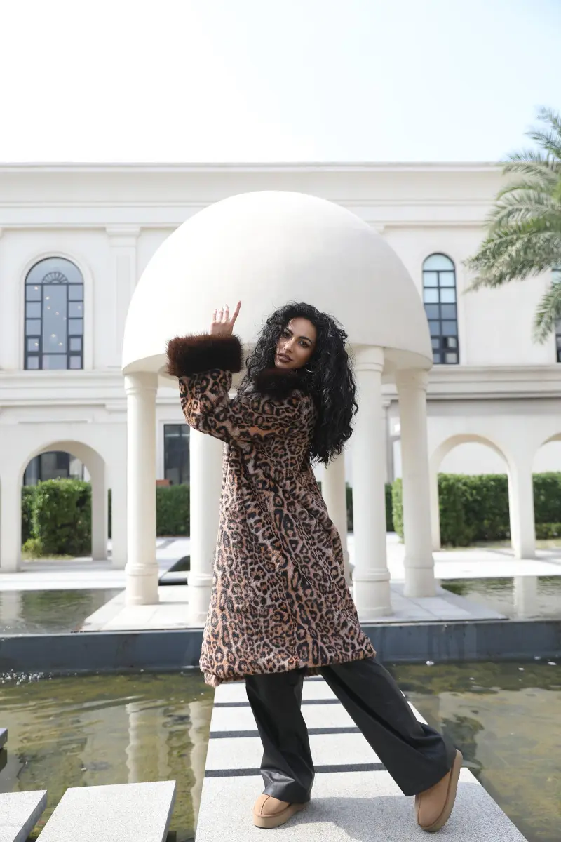 Faux Fur Coat Women's New Style Lapel Leopard Pattern Long Jacket (27)