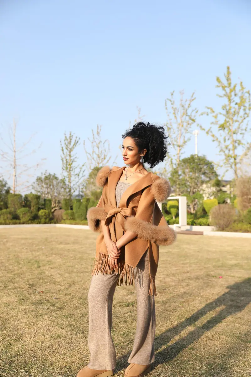 Double-Faced Cashmere Cape Coat for Women with Hood and Fringe Double-Faced Wool Outer Jacket