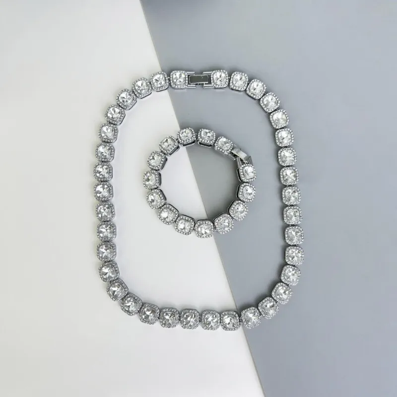 Square Cubic Zirconia Full-Stone Necklace and Bracelet Set Hip-Hop Style Premium and Versatile Cuban Jewelry