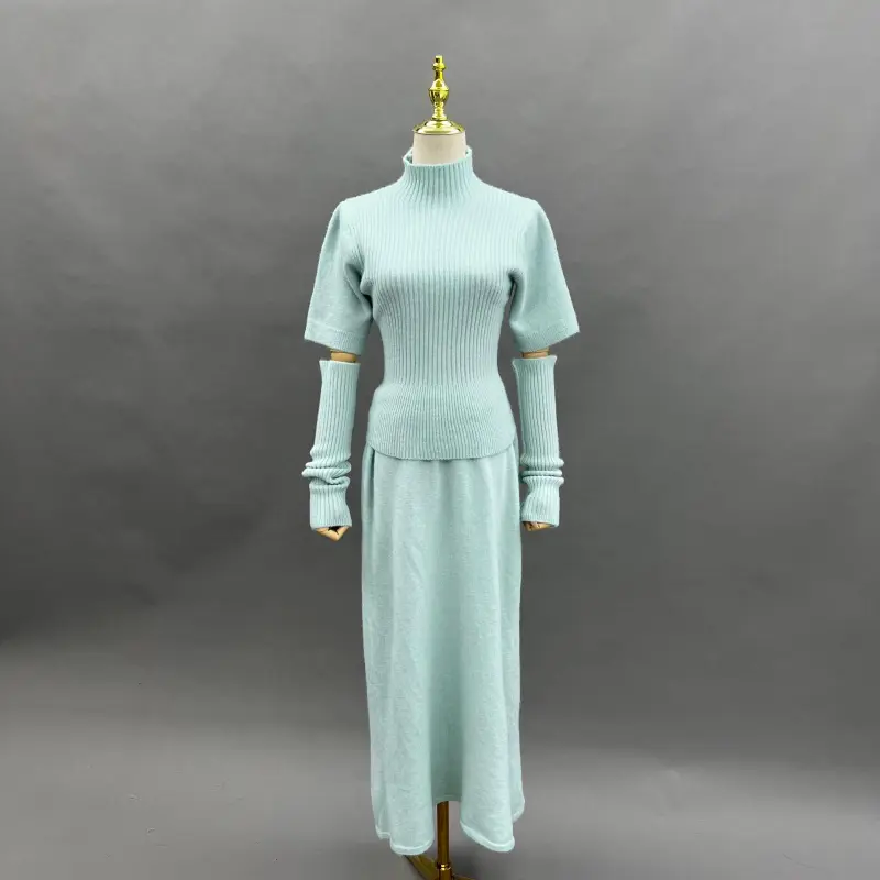 Women's Knit Top and Sleeves with Long Skirt Knit Set Knit Innerwear Three-Piece Set 31