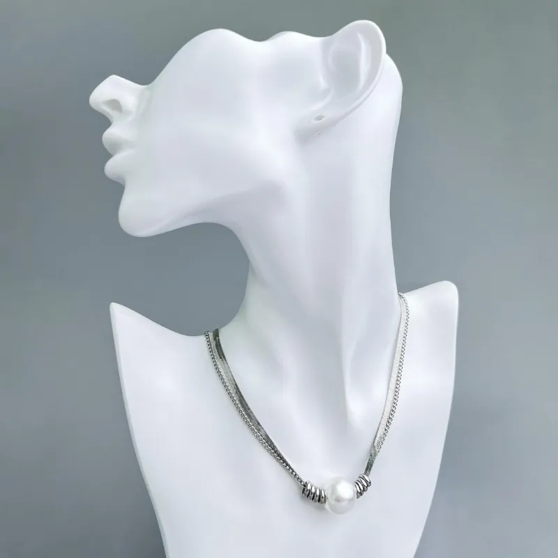 Double Layer Snake Bone Pearl Silver-Tone Necklace Light Luxury Vintage Necklace