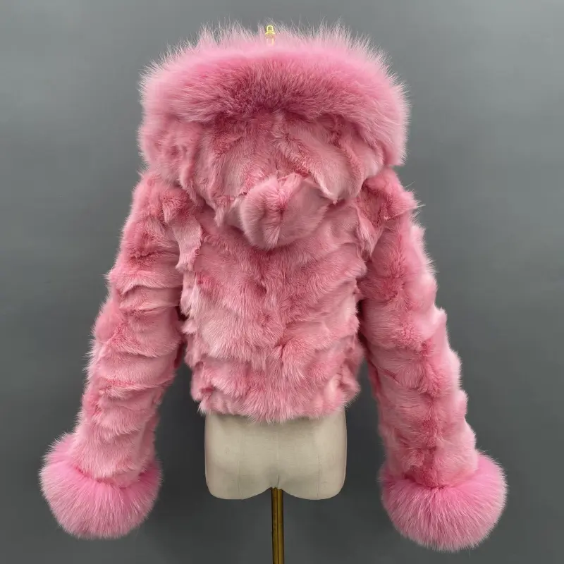 Fox Fur Coat for Women Luxurious Fox Fur Placket Hooded Zippered Jacket (69)