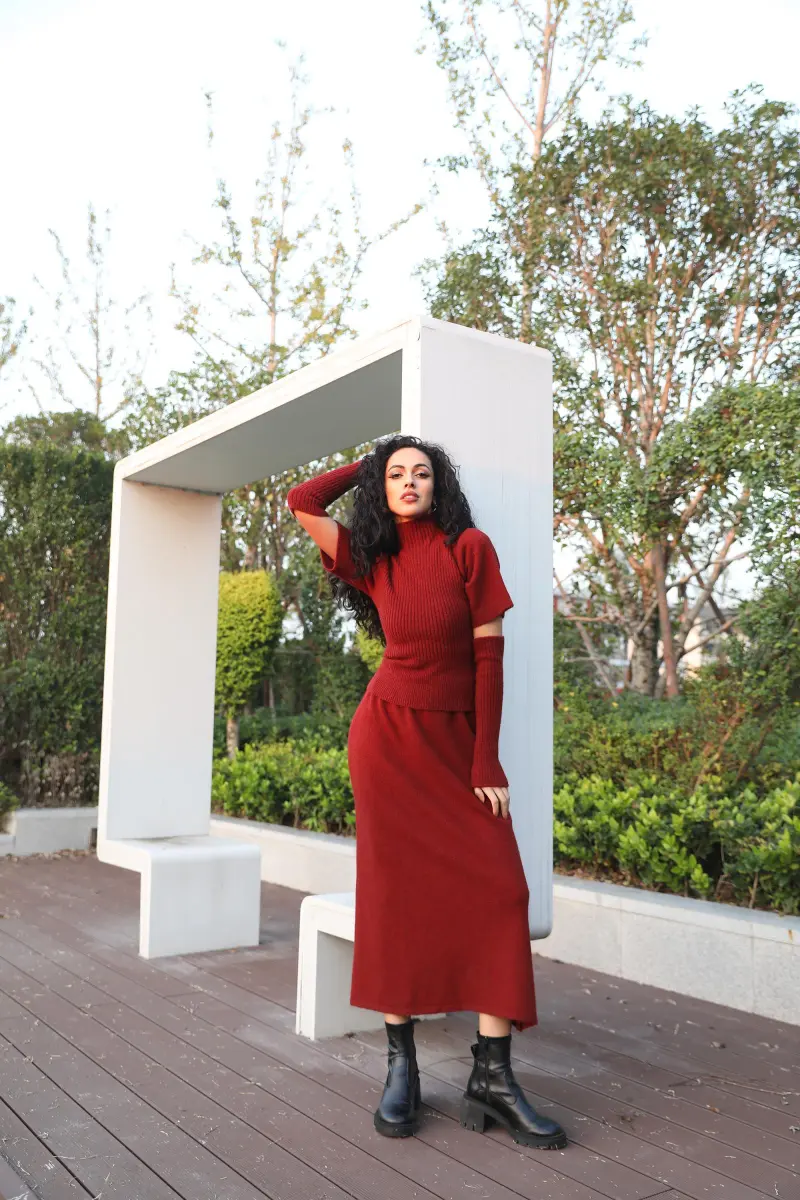 Women's Knit Top and Sleeves with Long Skirt Knit Set Knit Innerwear Three-Piece Set 