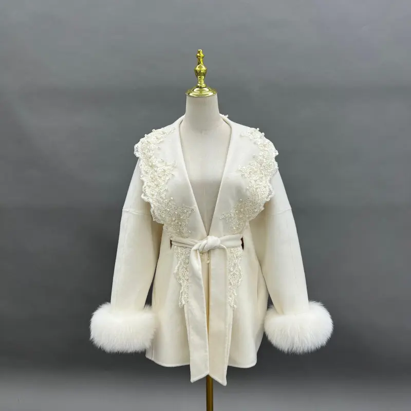 Double-Faced Cashmere Jacket for Women Vintage Lace with Rhinestone Double-Faced Wool Outer Jacket (5)