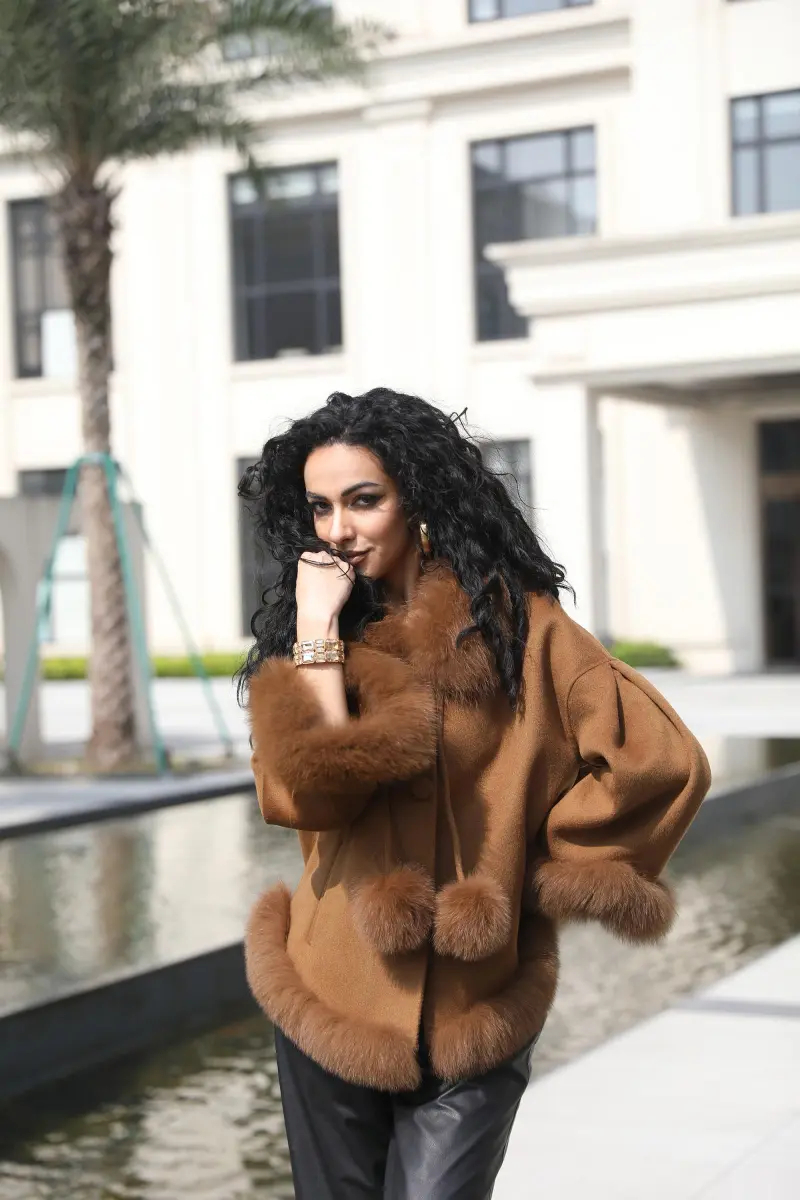 Double-Faced Cashmere Jacket for Women Classic Square Collar Gradient Double-Faced Wool Coat (46)