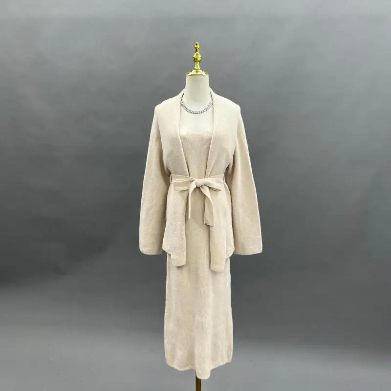Women's Casual Versatile Spring:Autumn Belted Cardigan Long Skirt Innerwear Set1