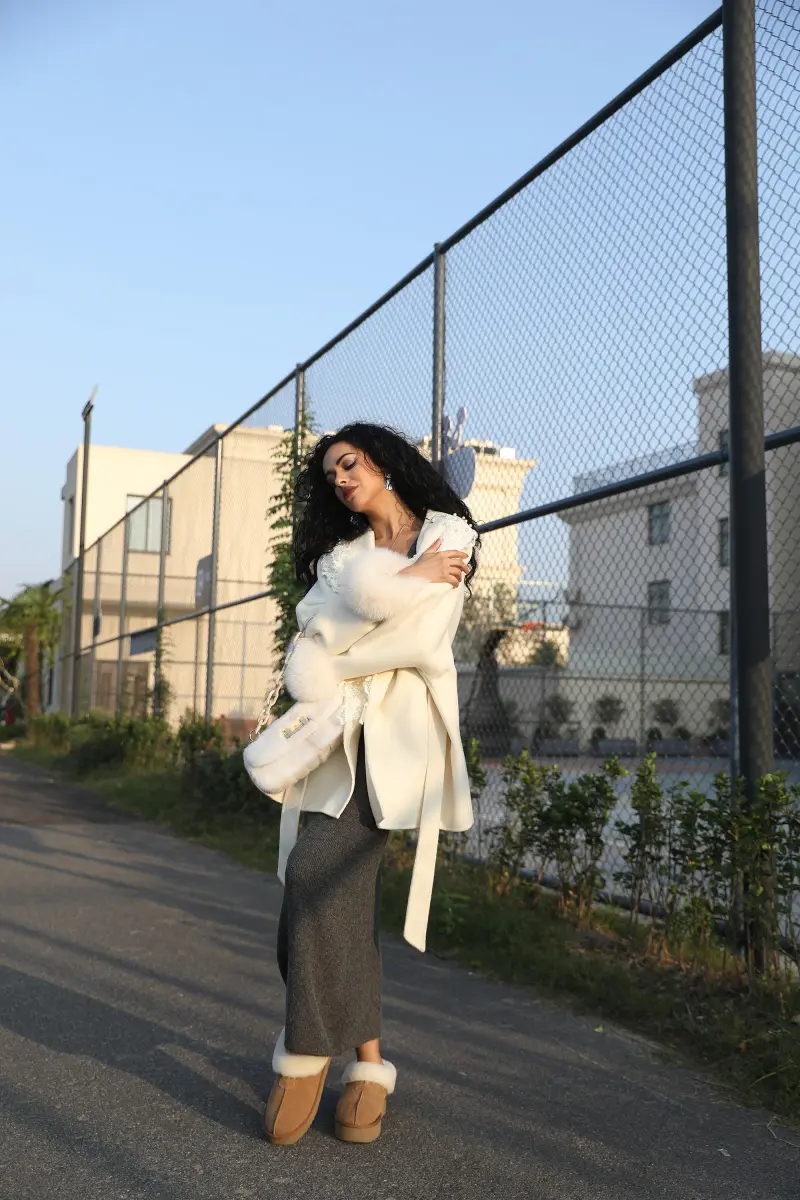 Double-Faced Cashmere Jacket for Women Vintage Lace with Rhinestone Double-Faced Wool Outer Jacket