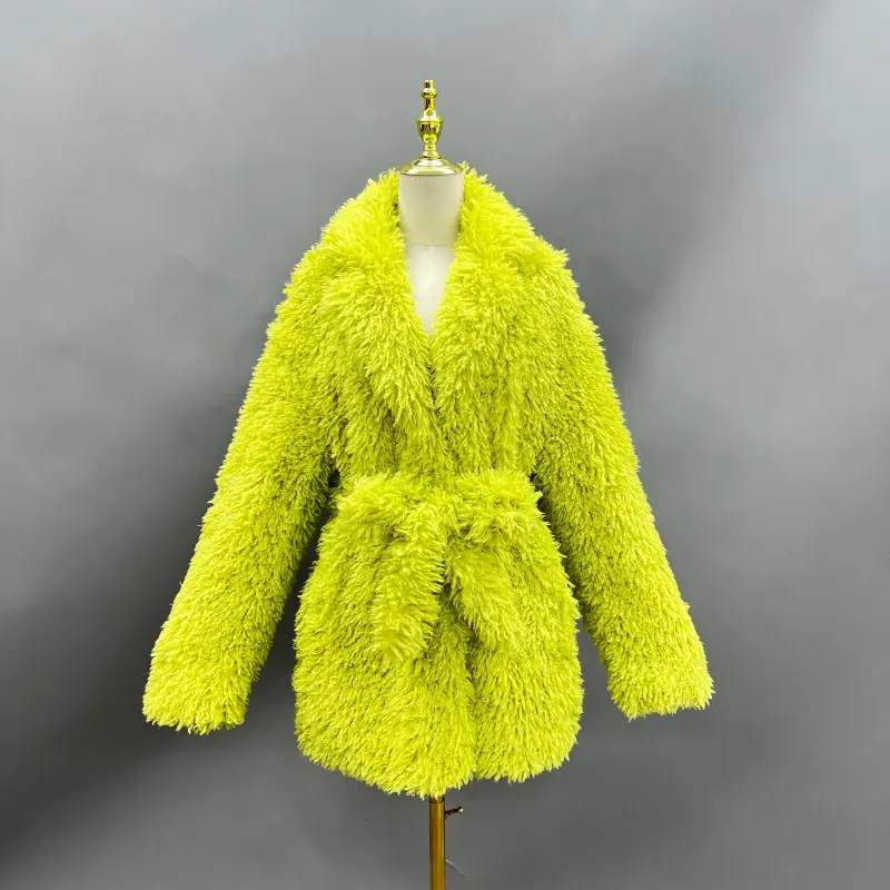 Eco-Friendly Faux Fur Coat Women's StylishSuit Collar Belted Faux Fur Jacket (12)