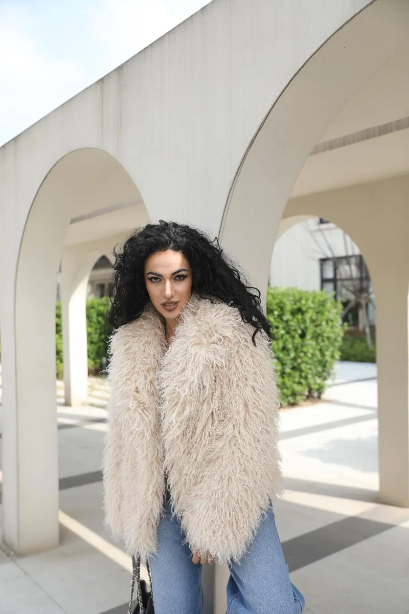 Faux Mongolian Lamb Wool Coat Eco Friendly Mongolian Lamb Wool Women's Elegan ( (34)