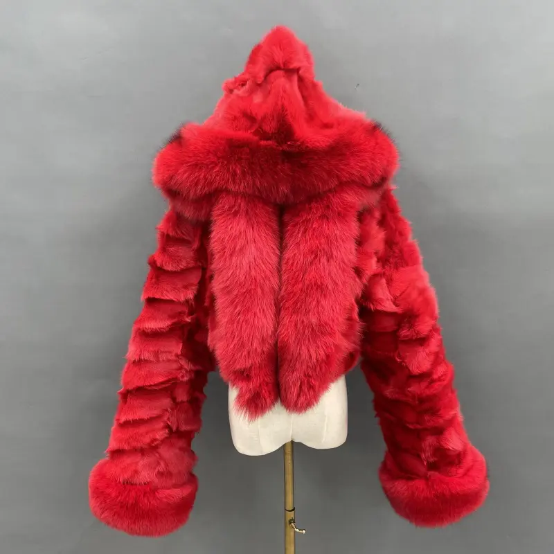 Fox Fur Coat for Women Luxurious Fox Fur Placket Hooded Zippered Jacket (59)